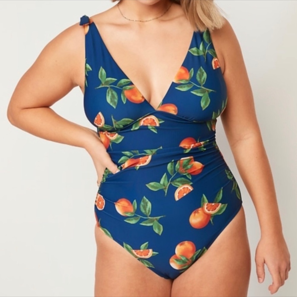 NWT Old Navy Tie-Shoulder Ruched Deep V-Neck One-Piece Swimsuit